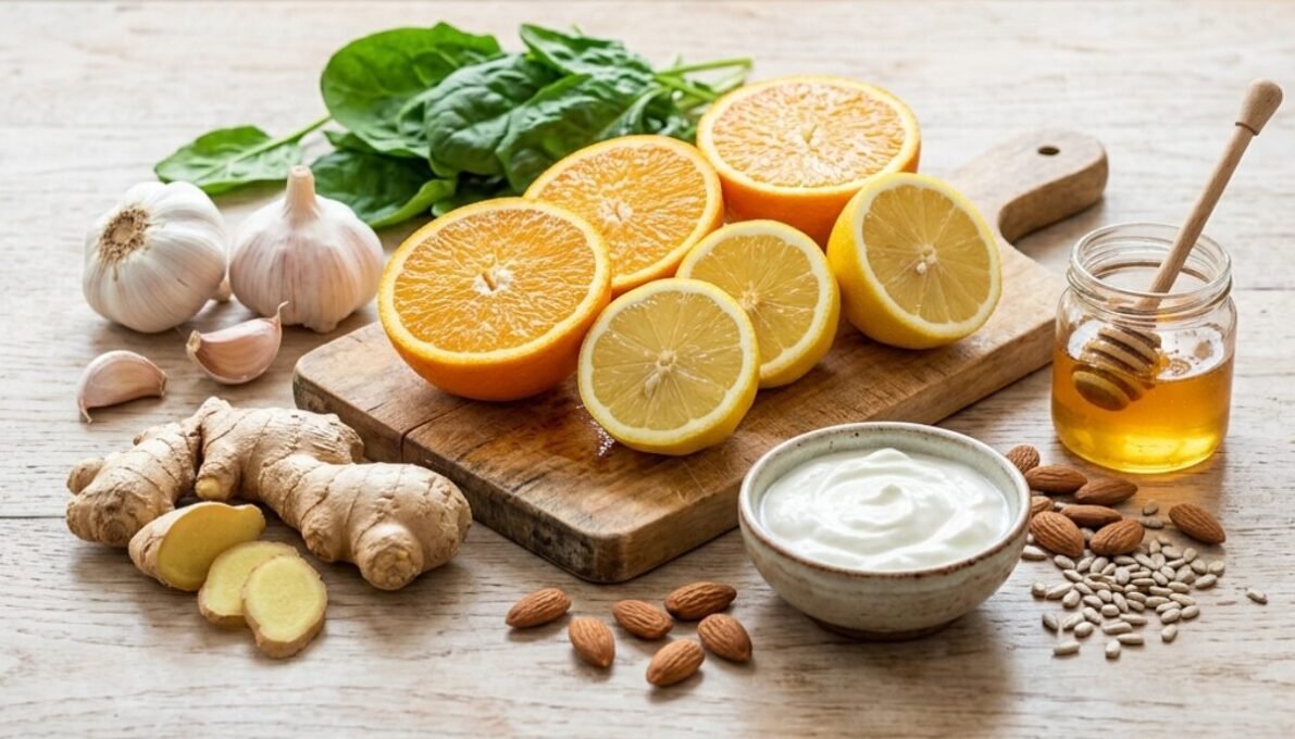 Foods that boost immunity include citrus fruits, garlic, ginger, yogurt, spinach, and almonds, among others rich in vitamin C, zinc, and probiotics.