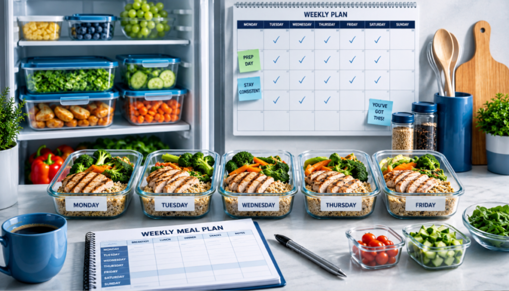 The table below compares a full day of prepped meals across the work week, showing how the same base ingredients rotate into different combinations to avoid flavor fatigue.