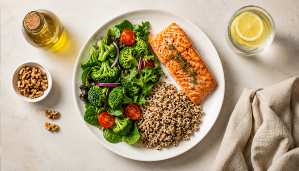 Rather than memorizing individual foods, it helps to think in terms of plate composition. This is the approach used in most Mediterranean-diet-based clinical trials, and it translates well to everyday meal planning.