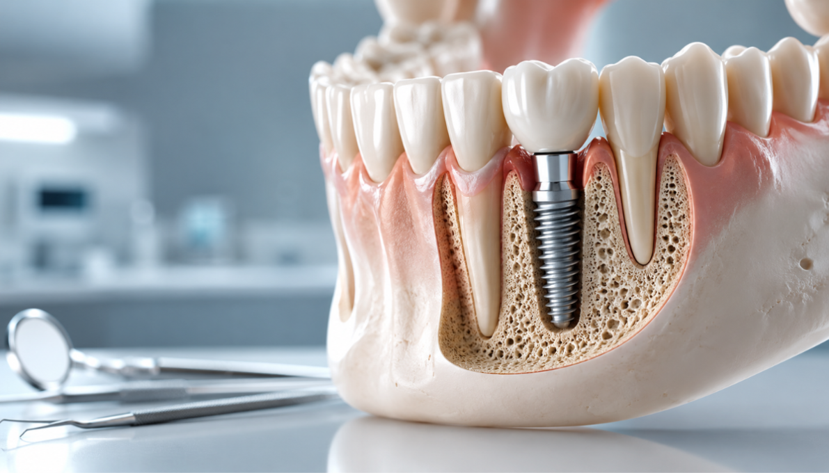 Dental implants are titanium posts surgically placed into the jawbone to replace missing tooth roots, then topped with a custom crown.