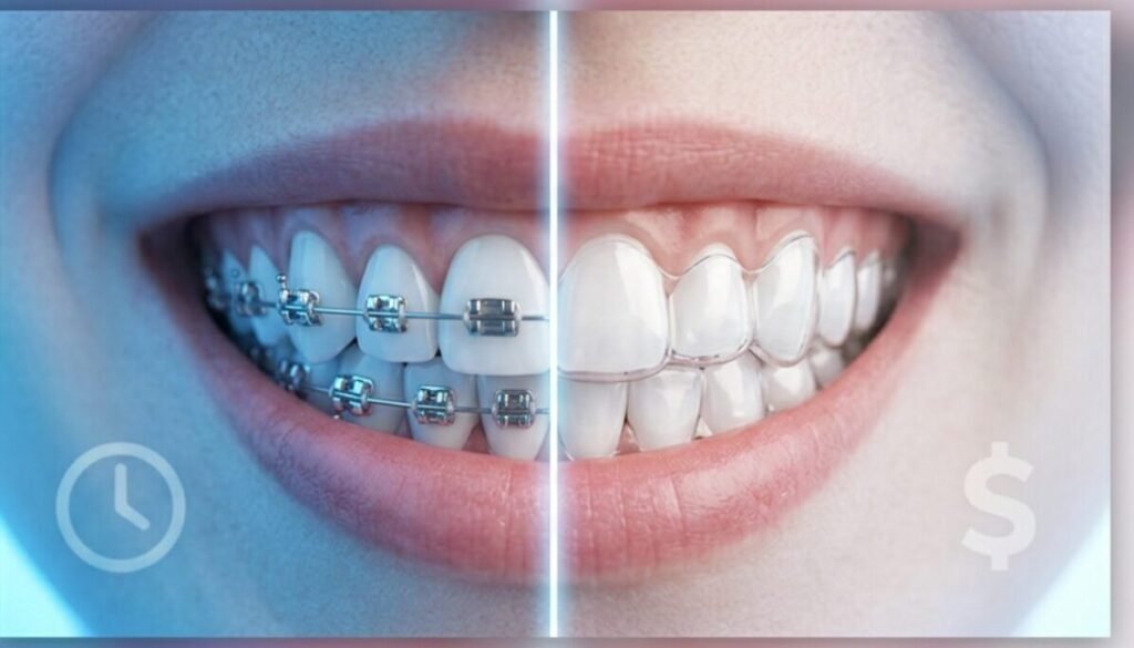 This comparison highlights a core tradeoff: braces demand less day-to-day discipline but more lifestyle adjustment, while aligners offer convenience and discretion but only work if the patient is consistent about wear time.