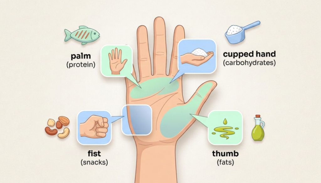 The most practical portion control method uses your own hand as a built-in measuring tool.