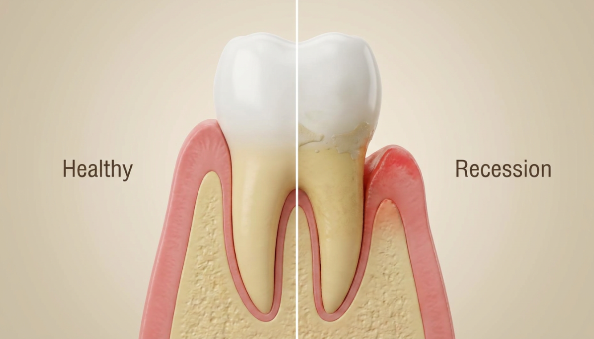 Gum recession happens when the gum tissue surrounding the teeth pulls back, exposing more of the tooth or its root.