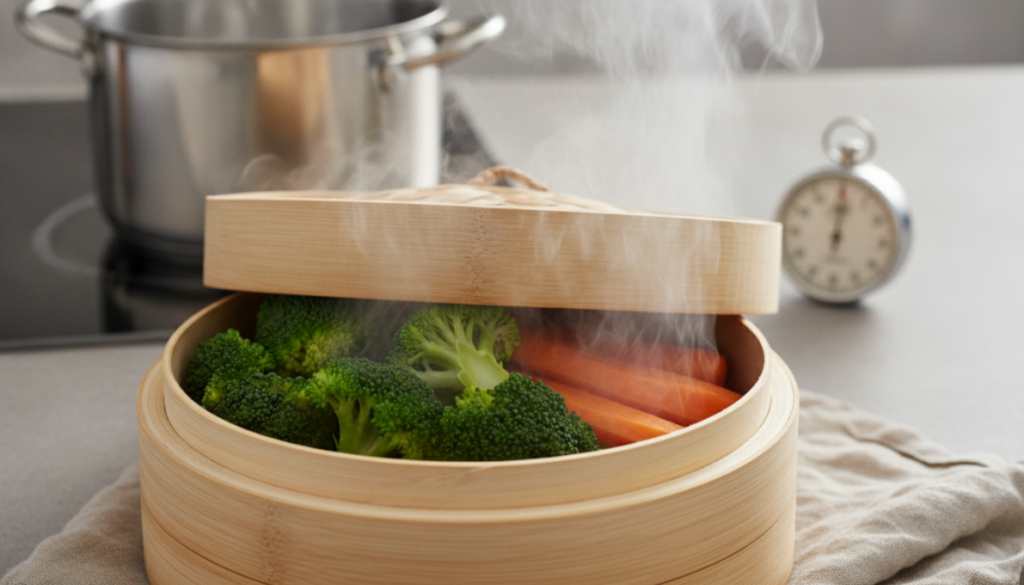 Steaming cooks food using vapor rather than direct contact with boiling water
