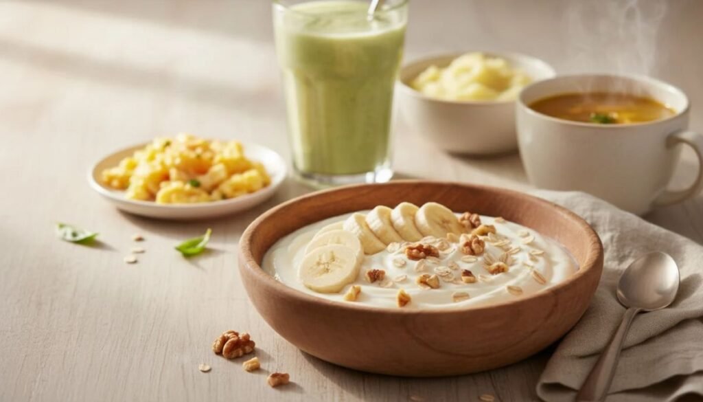 Soft, cool, and mild choices protect the ulcer. Hard, hot, or acidic ones reopen the wound with every bite.