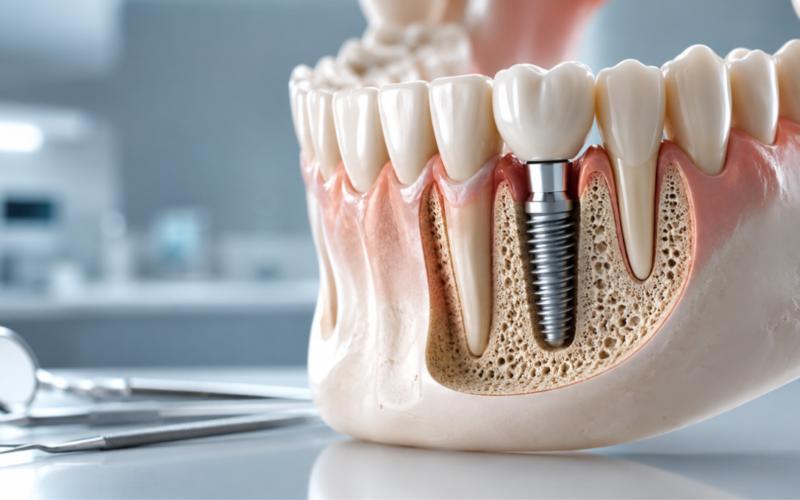 Dental implants are titanium posts surgically placed into the jawbone to replace missing tooth roots, then topped with a custom crown. 