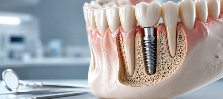 Dental implants are titanium posts surgically placed into the jawbone to replace missing tooth roots, then topped with a custom crown. 