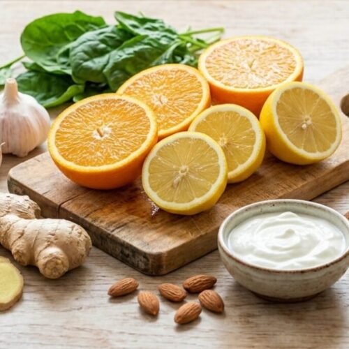 Foods that boost immunity include citrus fruits, garlic, ginger, yogurt, spinach, and almonds, among others rich in vitamin C, zinc, and probiotics.