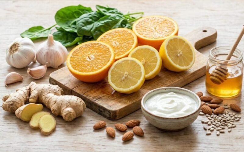 Foods that boost immunity include citrus fruits, garlic, ginger, yogurt, spinach, and almonds, among others rich in vitamin C, zinc, and probiotics.