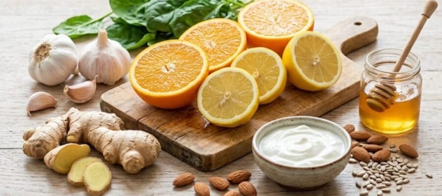 Foods that boost immunity include citrus fruits, garlic, ginger, yogurt, spinach, and almonds, among others rich in vitamin C, zinc, and probiotics.