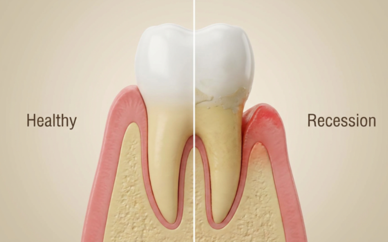 Gum recession happens when the gum tissue surrounding the teeth pulls back, exposing more of the tooth or its root.