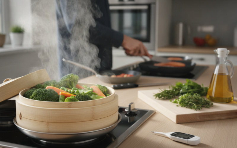 Healthy cooking methods are techniques that preserve nutrients, limit added fat, and reduce the formation of harmful compounds during preparation.